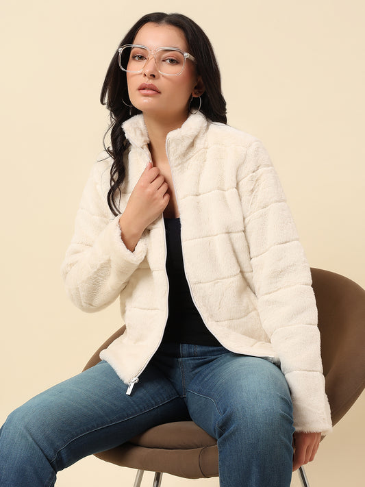 Jacket for Women | Premium Casual Jacket Regular Fit Mock Neck Hairy Fabric Solid Pattern