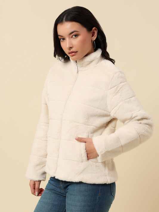 Jacket for Women | Premium Casual Jacket Regular Fit Mock Neck Hairy Fabric Solid Pattern