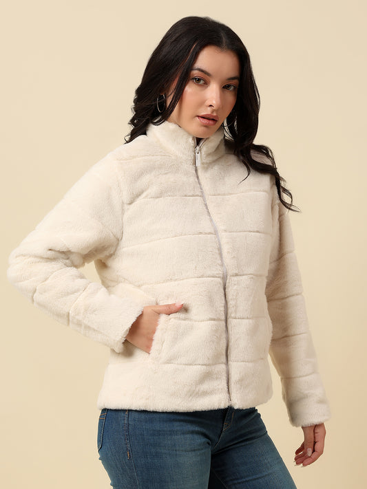 Jacket for Women | Premium Casual Jacket Regular Fit Mock Neck Hairy Fabric Solid Pattern