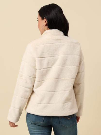 Jacket for Women | Premium Casual Jacket Regular Fit Mock Neck Hairy Fabric Solid Pattern