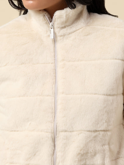 Jacket for Women | Premium Casual Jacket Regular Fit Mock Neck Hairy Fabric Solid Pattern