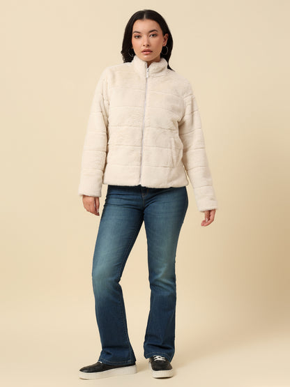 Jacket for Women | Premium Casual Jacket Regular Fit Mock Neck Hairy Fabric Solid Pattern