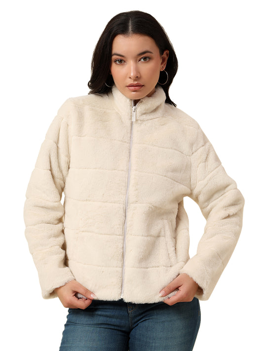 Jacket for Women | Premium Casual Jacket Regular Fit Mock Neck Hairy Fabric Solid Pattern