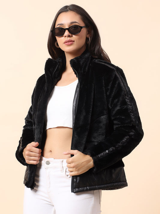 Reversible Jacket for Women | Premium Casual Jacket Regular Fit Mock Neck Fancy Fabric Solid Pattern