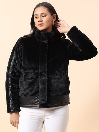 Reversible Jacket for Women | Premium Casual Jacket Regular Fit Mock Neck Fancy Fabric Solid Pattern