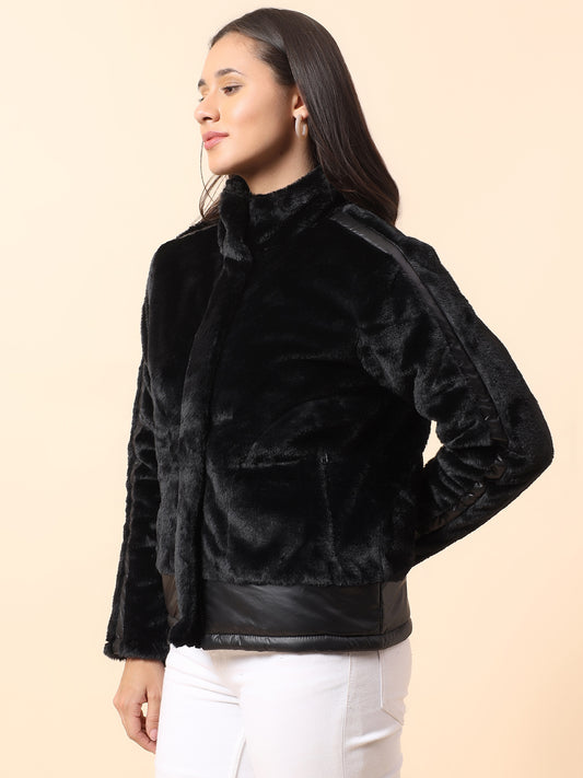 Reversible Jacket for Women | Premium Casual Jacket Regular Fit Mock Neck Fancy Fabric Solid Pattern