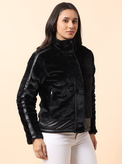 Reversible Jacket for Women | Premium Casual Jacket Regular Fit Mock Neck Fancy Fabric Solid Pattern