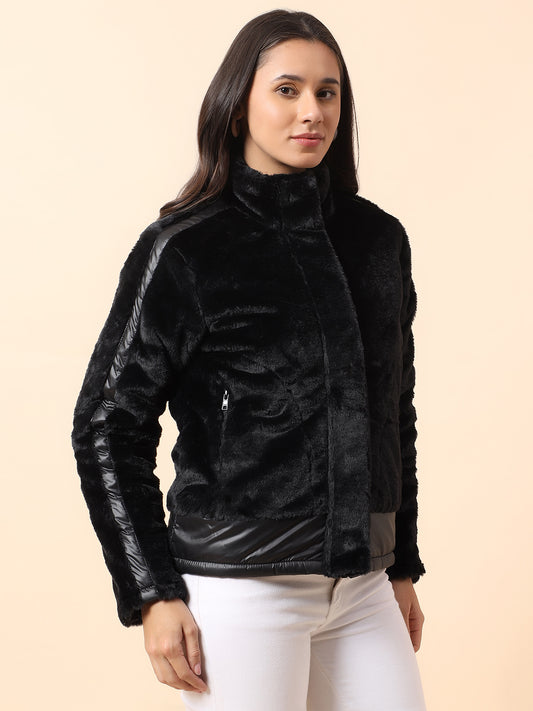 Reversible Jacket for Women | Premium Casual Jacket Regular Fit Mock Neck Fancy Fabric Solid Pattern