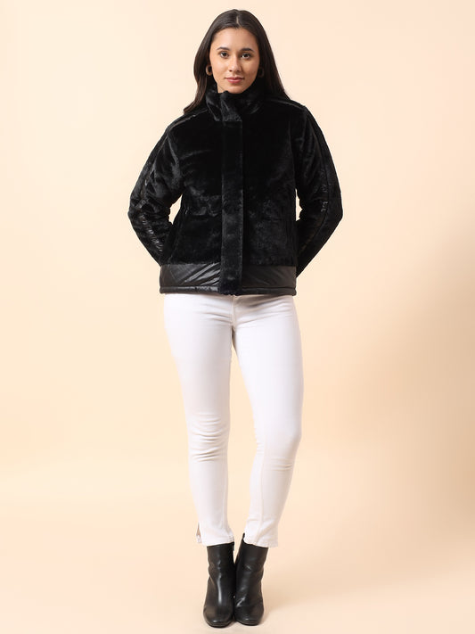 Reversible Jacket for Women | Premium Casual Jacket Regular Fit Mock Neck Fancy Fabric Solid Pattern