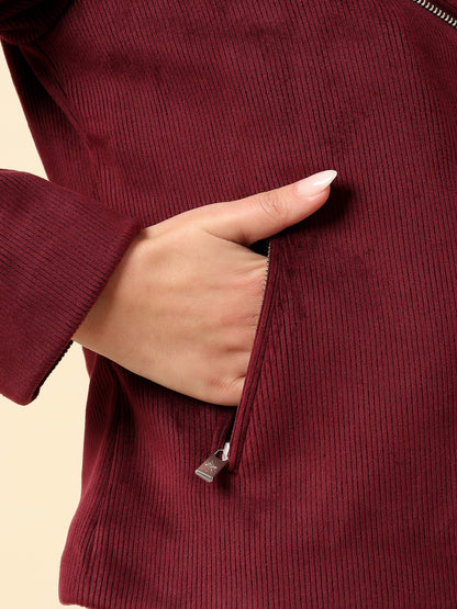 Jacket for Women | Premium Casual Jacket Regular Fit Notched Collar Corduroy Fabric Solid Pattern