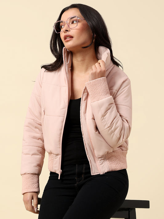 Jacket for Women | Premium Casual Jacket Regular Fit Mock Neck Polyester Fabric Solid Pattern