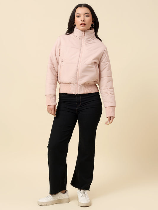 Jacket for Women | Premium Casual Jacket Regular Fit Mock Neck Polyester Fabric Solid Pattern