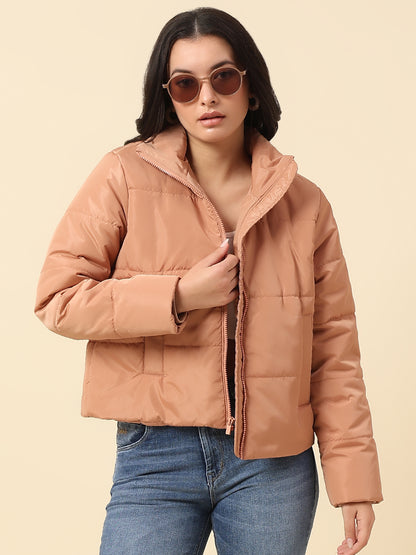 Jacket for Women | Premium Casual Jacket Regular Fit Mock Neck Nylon Fabric Solid Pattern