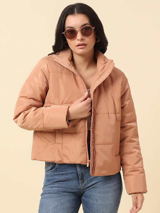 Jacket for Women | Premium Casual Jacket Regular Fit Mock Neck Nylon Fabric Solid Pattern