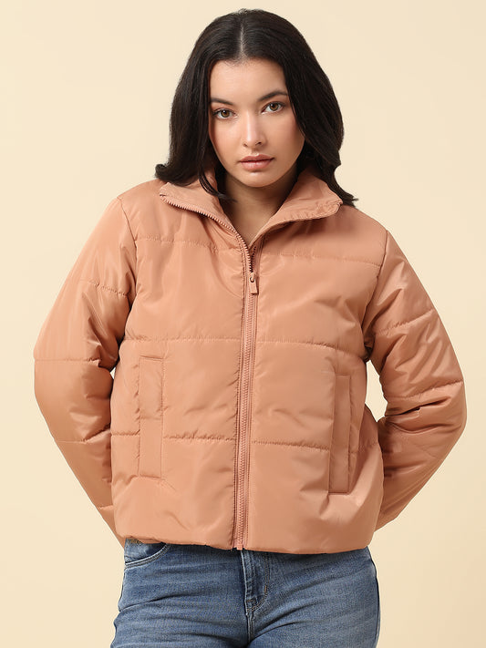 Jacket for Women | Premium Casual Jacket Regular Fit Mock Neck Nylon Fabric Solid Pattern