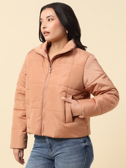 Jacket for Women | Premium Casual Jacket Regular Fit Mock Neck Nylon Fabric Solid Pattern