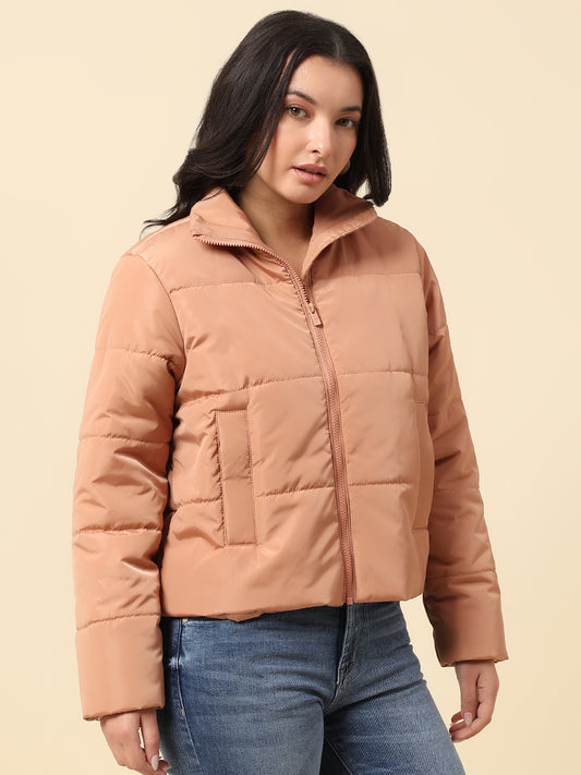 Jacket for Women | Premium Casual Jacket Regular Fit Mock Neck Nylon Fabric Solid Pattern