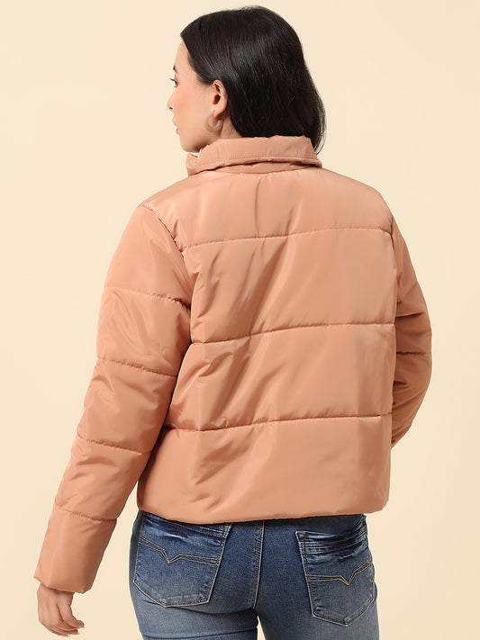 Jacket for Women | Premium Casual Jacket Regular Fit Mock Neck Nylon Fabric Solid Pattern