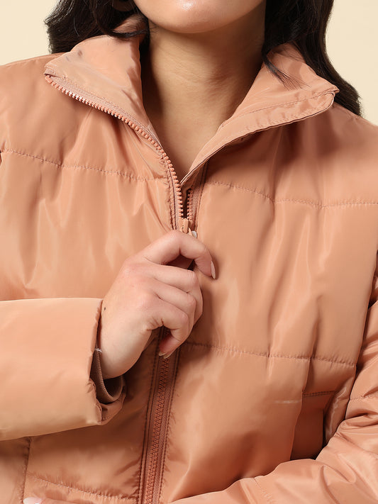 Jacket for Women | Premium Casual Jacket Regular Fit Mock Neck Nylon Fabric Solid Pattern