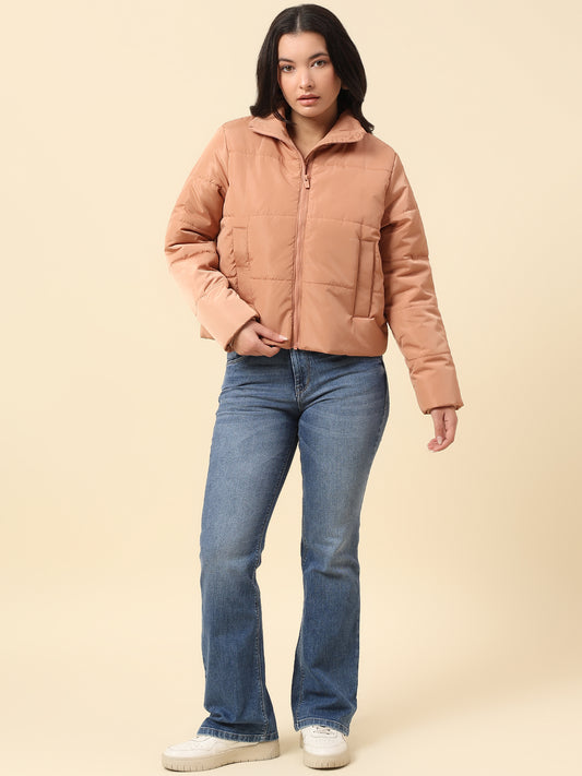 Jacket for Women | Premium Casual Jacket Regular Fit Mock Neck Nylon Fabric Solid Pattern