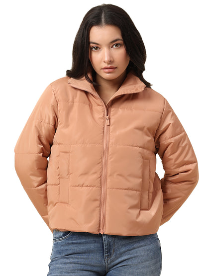 Jacket for Women | Premium Casual Jacket Regular Fit Mock Neck Nylon Fabric Solid Pattern