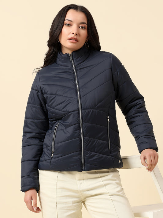 Jacket for Women | Premium Casual Jacket Regular Fit Mock Neck Nylon Fabric Solid Pattern