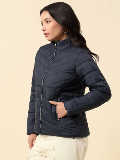 Jacket for Women | Premium Casual Jacket Regular Fit Mock Neck Nylon Fabric Solid Pattern