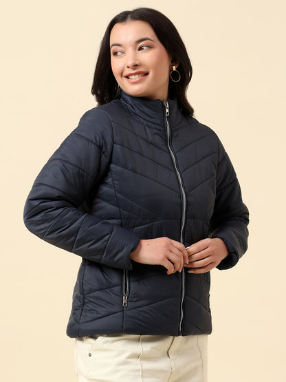 Jacket for Women | Premium Casual Jacket Regular Fit Mock Neck Nylon Fabric Solid Pattern