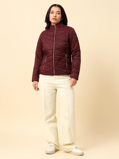 Jacket for Women | Premium Casual Jacket Regular Fit Mock Neck Nylon Fabric Solid Pattern