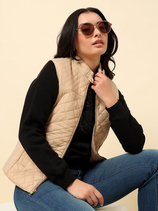 Jacket for Women | Premium Casual Jacket Regular Fit Mock Neck Nylon Fabric Solid Pattern