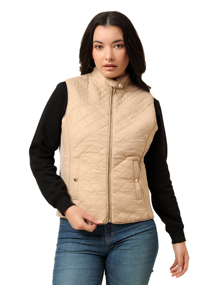 Jacket for Women | Premium Casual Jacket Regular Fit Mock Neck Nylon Fabric Solid Pattern