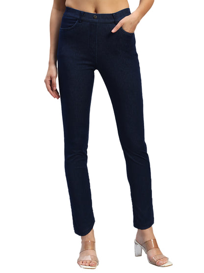 Women's Solid Dark Blue Regular Fit Casual Jegging Pant