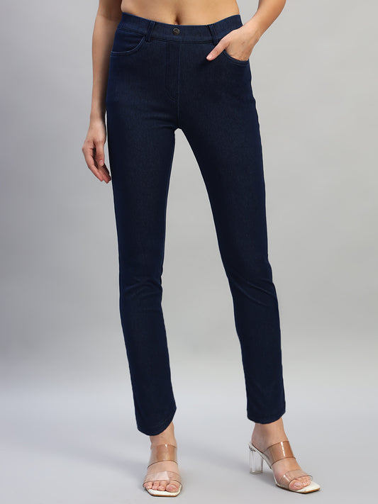 Women's Solid Dark Blue Regular Fit Casual Jegging Pant