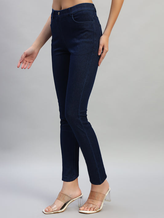 Women's Solid Dark Blue Regular Fit Casual Jegging Pant