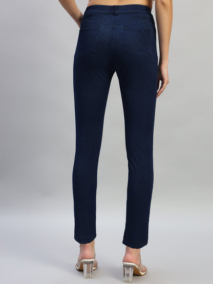 Women's Solid Dark Blue Regular Fit Casual Jegging Pant