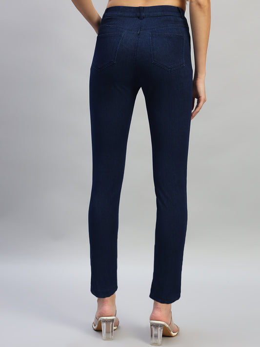 Women's Solid Dark Blue Regular Fit Casual Jegging Pant