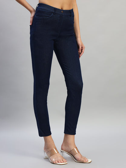 Women's Solid Dark Blue Regular Fit Casual Jegging Pant