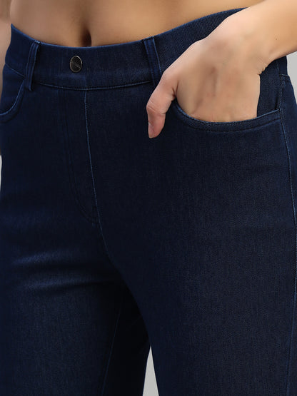 Women's Solid Dark Blue Regular Fit Casual Jegging Pant