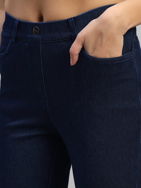 Women's Solid Dark Blue Regular Fit Casual Jegging Pant