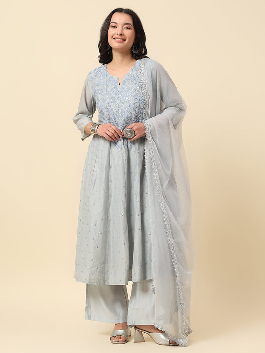 Kurti Palazzo Set for Women | Winter Wear Round Neck Poly Blend Fabric Embroidered Pattern