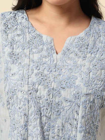 Kurti Palazzo Set for Women | Winter Wear Round Neck Poly Blend Fabric Embroidered Pattern