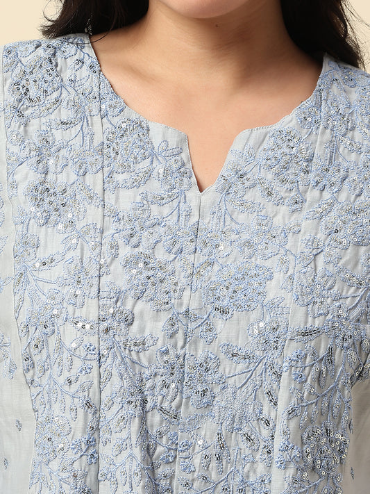 Kurti Palazzo Set for Women | Winter Wear Round Neck Poly Blend Fabric Embroidered Pattern