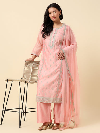 Kurti Palazzo Set for Women | Winter Wear Round Neck Poly Blend Fabric Embroidered Pattern