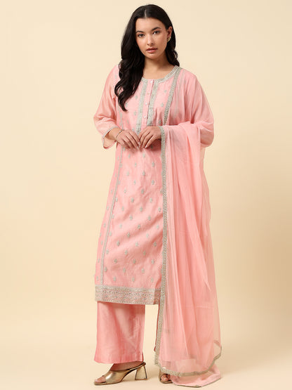 Kurti Palazzo Set for Women | Winter Wear Round Neck Poly Blend Fabric Embroidered Pattern