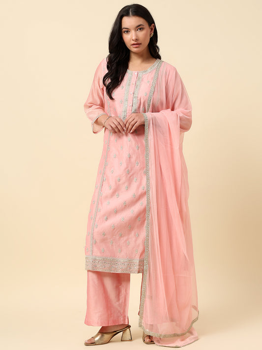 Kurti Palazzo Set for Women | Winter Wear Round Neck Poly Blend Fabric Embroidered Pattern