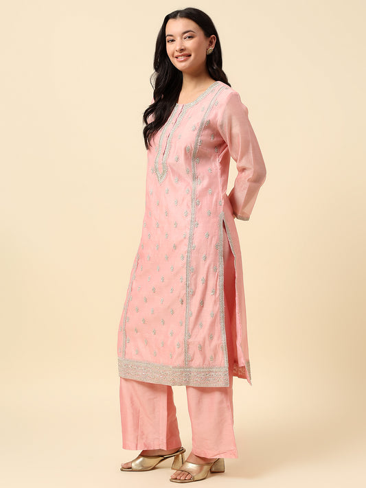 Kurti Palazzo Set for Women | Winter Wear Round Neck Poly Blend Fabric Embroidered Pattern