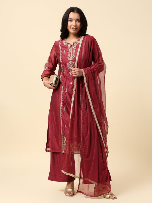 Kurti Palazzo Set for Women | Winter Wear Round Neck Poly Blend Fabric Embroidered Pattern