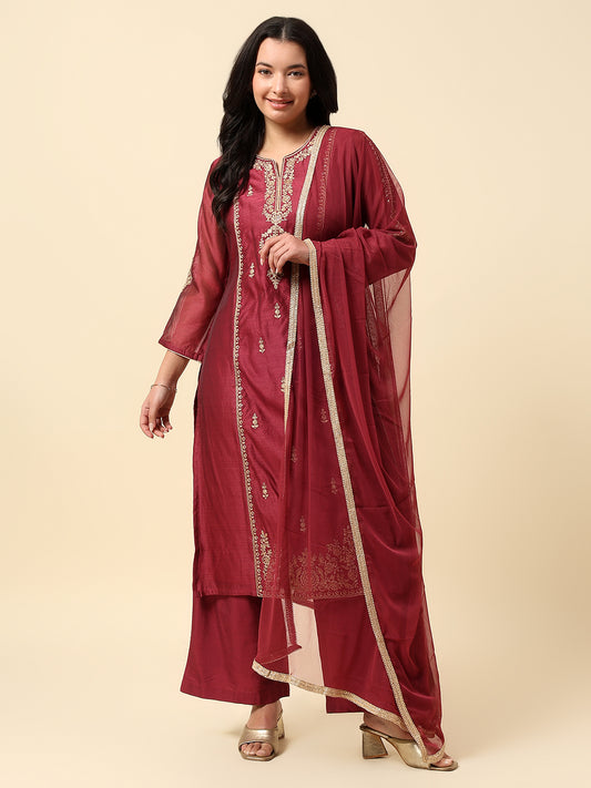 Kurti Palazzo Set for Women | Winter Wear Round Neck Poly Blend Fabric Embroidered Pattern