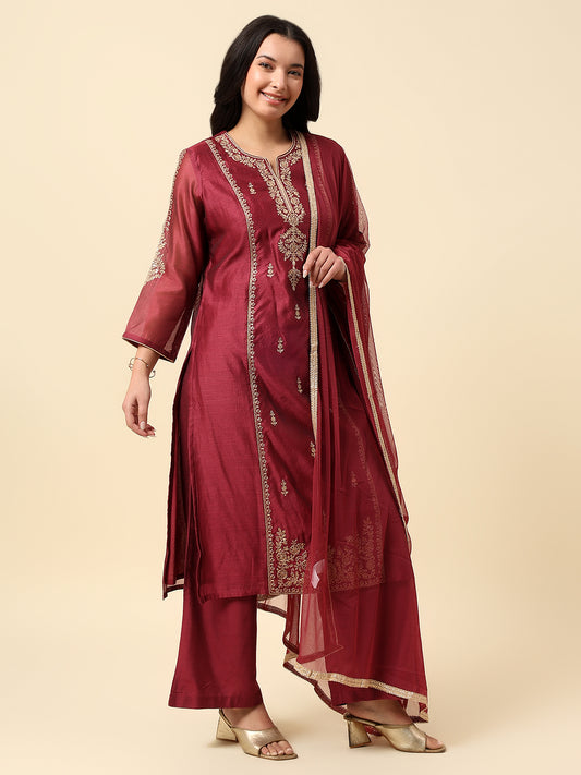 Kurti Palazzo Set for Women | Winter Wear Round Neck Poly Blend Fabric Embroidered Pattern