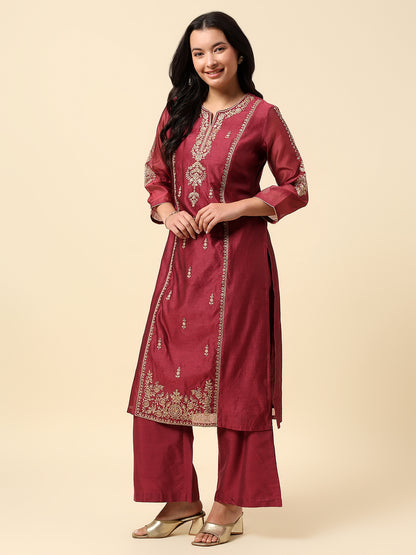 Kurti Palazzo Set for Women | Winter Wear Round Neck Poly Blend Fabric Embroidered Pattern